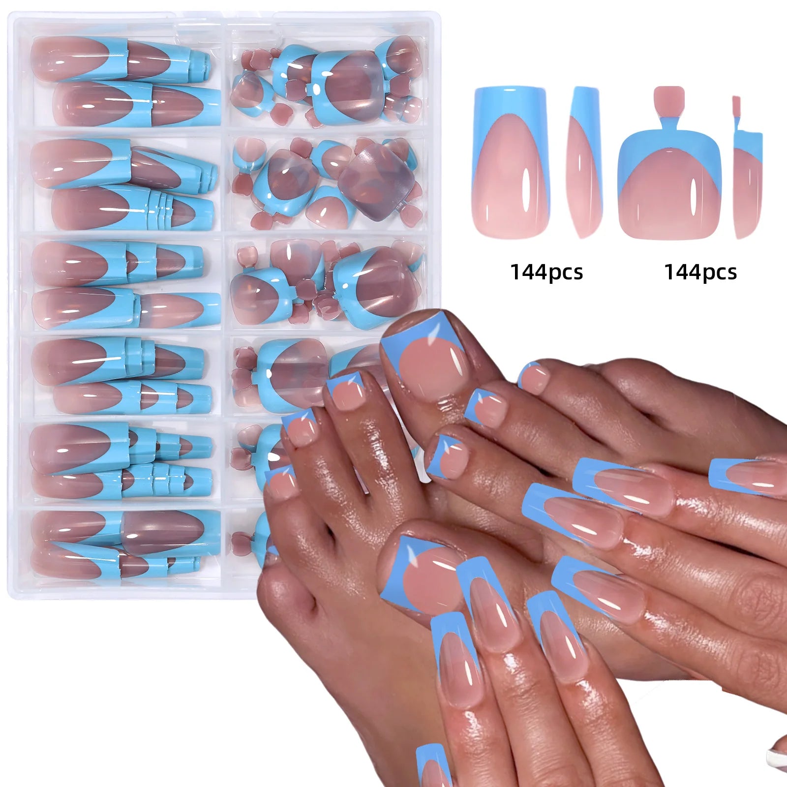144pcs French hand and foot wear nail set summer short square shiny false toenail acrylic full coverage suitable for nail salon