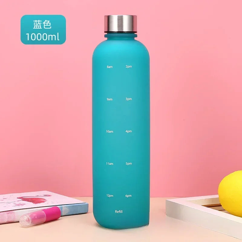New 1L Water Bottle with Time Stamp BPA Free Reusable Fitness Sports Outdoor Travel Leakproof Water Cup Frosted Kettle