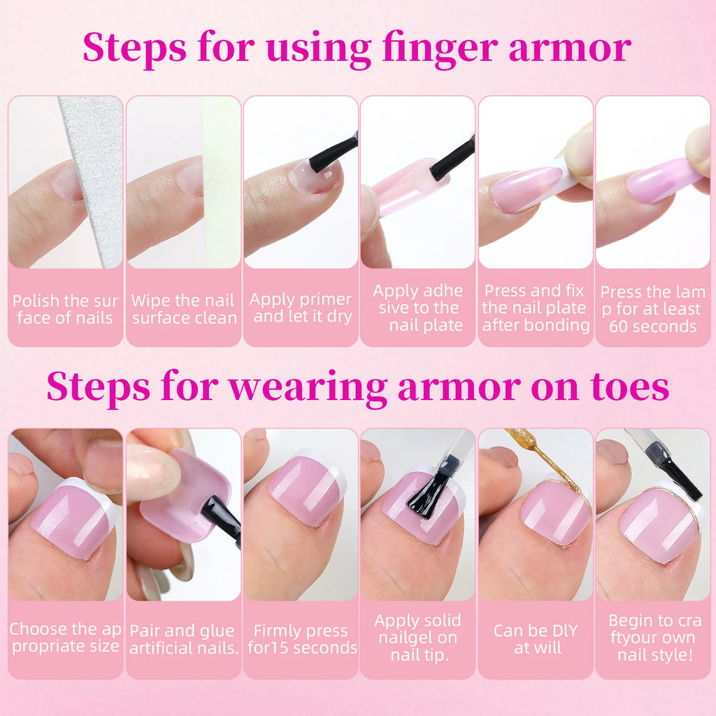 144pcs French hand and foot wear nail set summer short square shiny false toenail acrylic full coverage suitable for nail salon