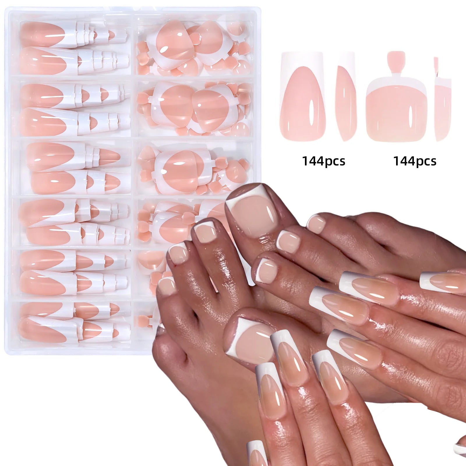 144pcs French hand and foot wear nail set summer short square shiny false toenail acrylic full coverage suitable for nail salon
